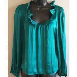 J Crew Emerald Green Satin Blouse Shirt Top With Ruffle Scoop Neckline Small